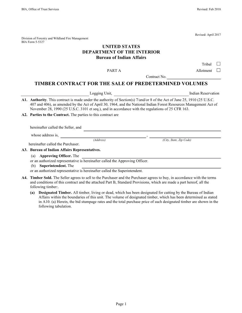 Timber Contract for the Sale of Predetermined Volumes