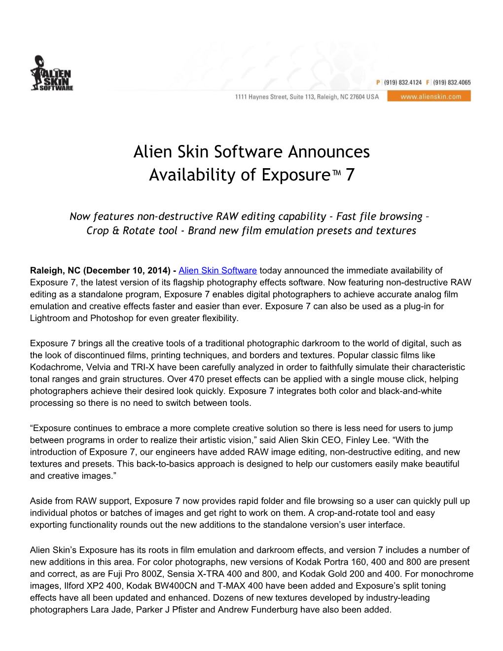 Alien Skin Software Exposure 7 Press Releasesir