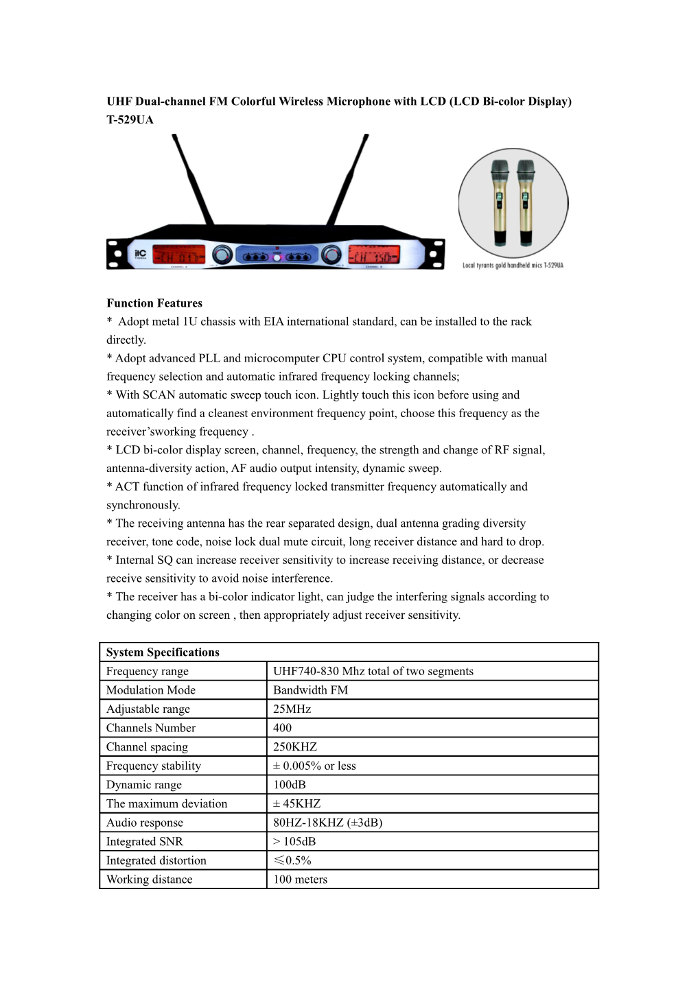 UHF Dual-Channel FM Colorful Wireless Microphone with LCD (LCD Bi-Color Display)