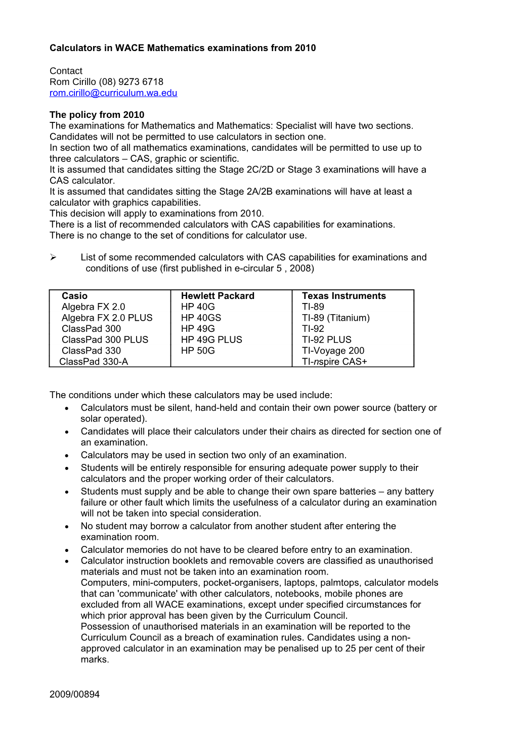 Calculator Use in WACE Mathematics Examinations from 2010