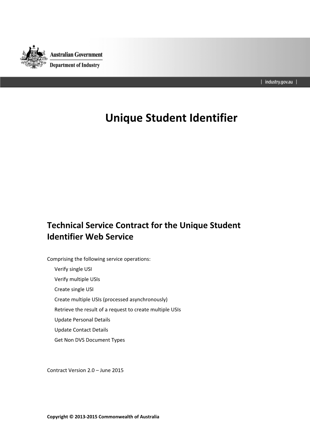 USI Web Services V2.0 June 2015 Technical Service Contract