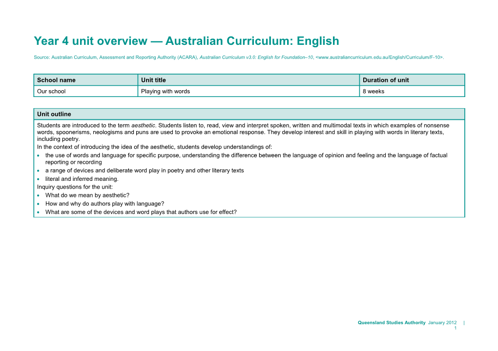 Year 4 Unit Overview Australian Curriculum: English