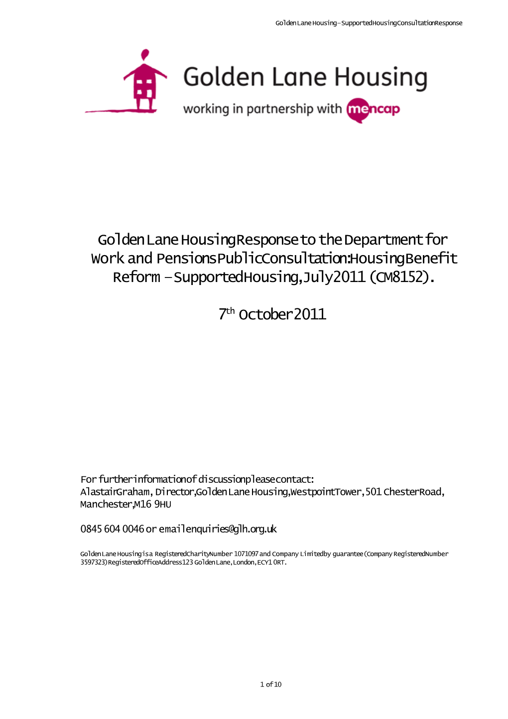 Golden Lane Housing Supported Housing Consultation Response