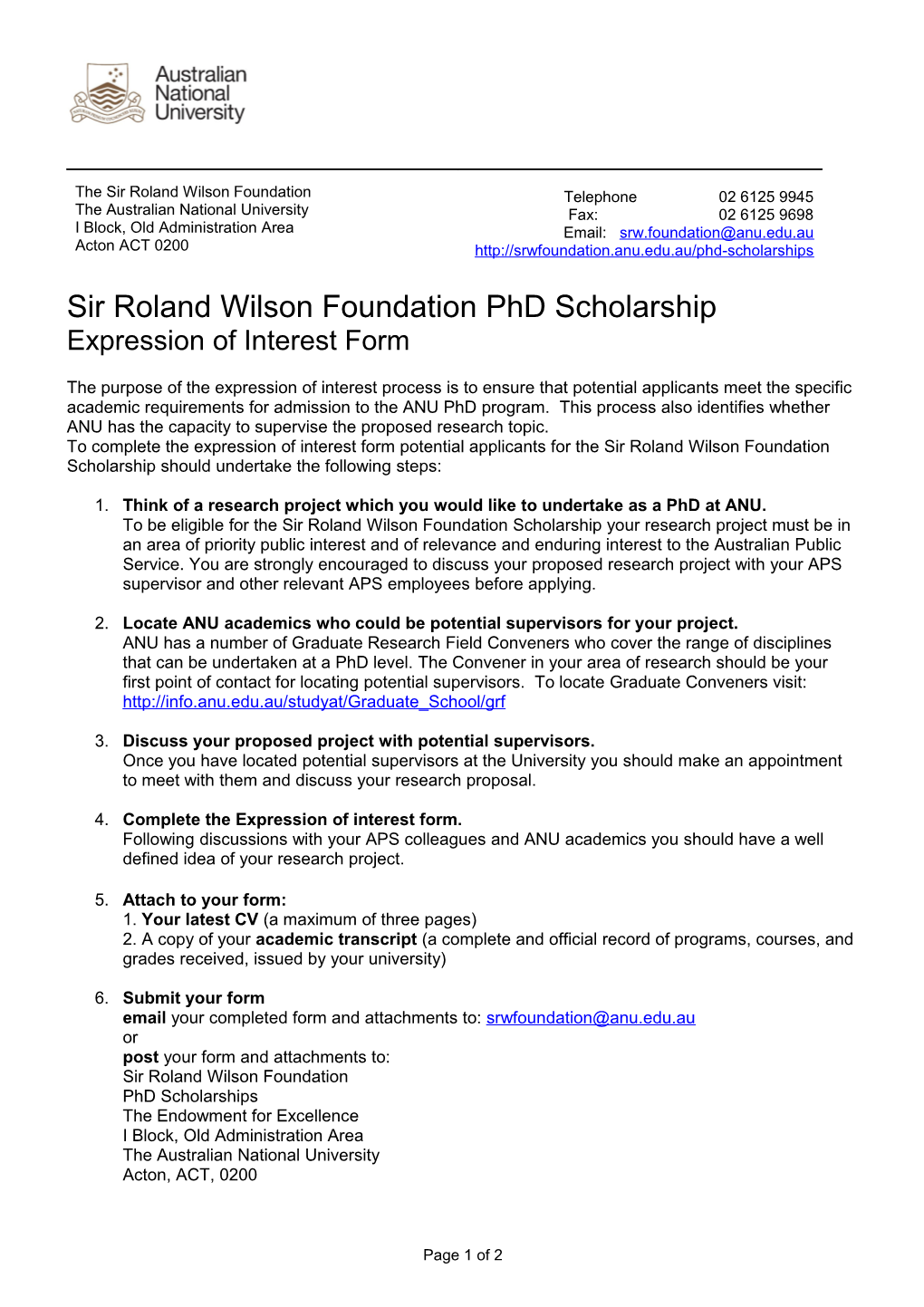 Sir Roland Wilson Foundation Phd Scholarship