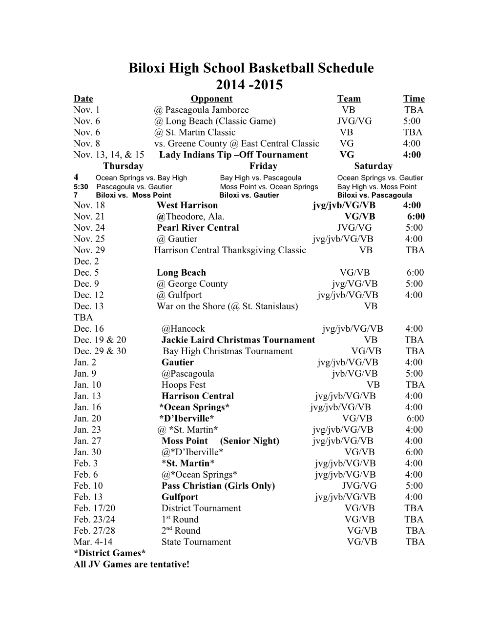 Biloxi High School Basketball Schedule