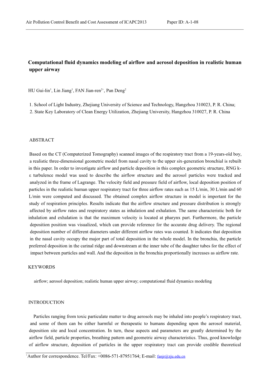 Air Pollution Control Benefit and Cost Assessment of ICAPC2013 Paper ID: A-1-08