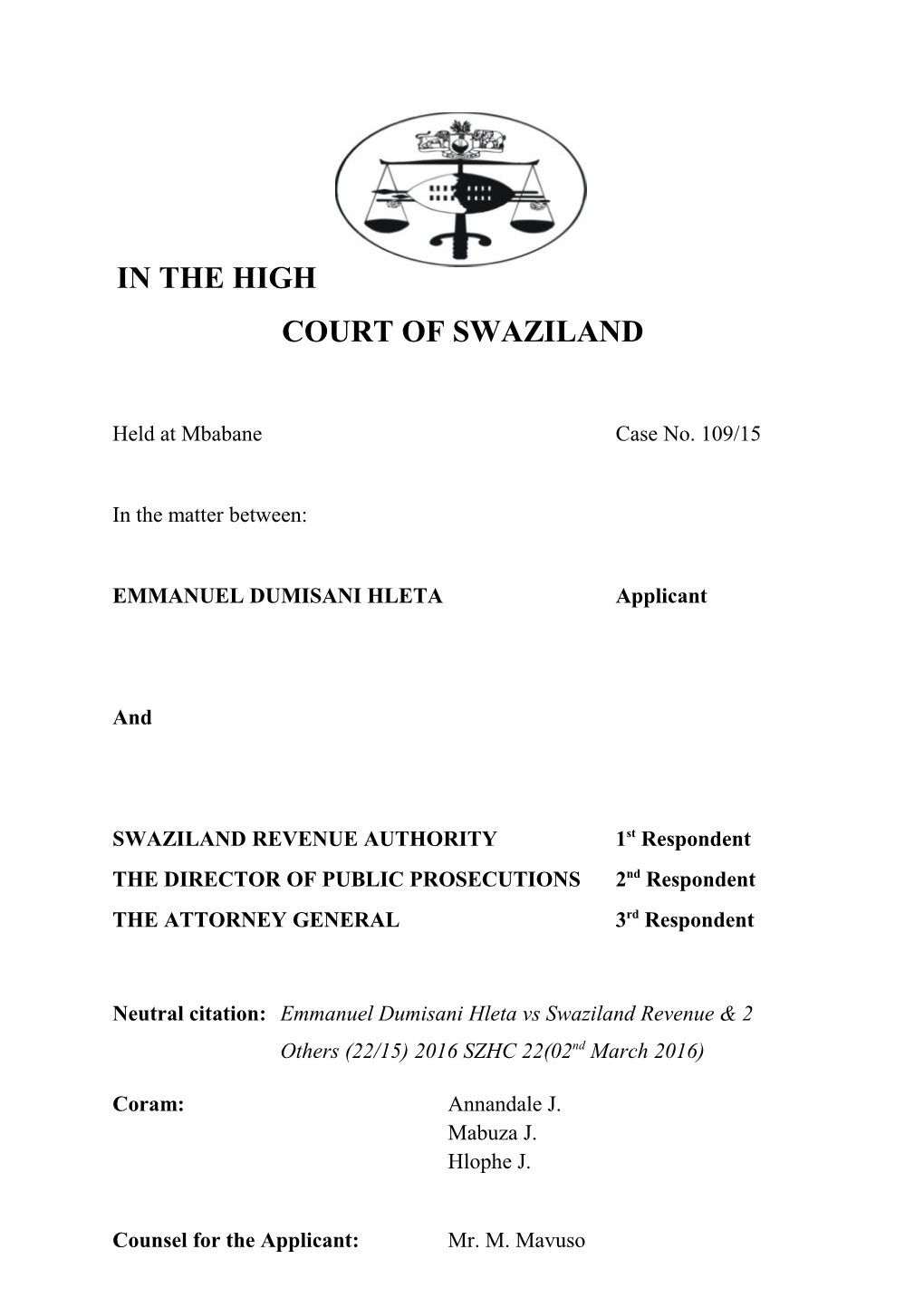 In the High Court of Swaziland s5