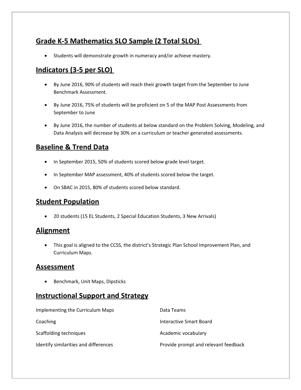 Grade K-5 Mathematics SLO Sample (2 Total Slos)