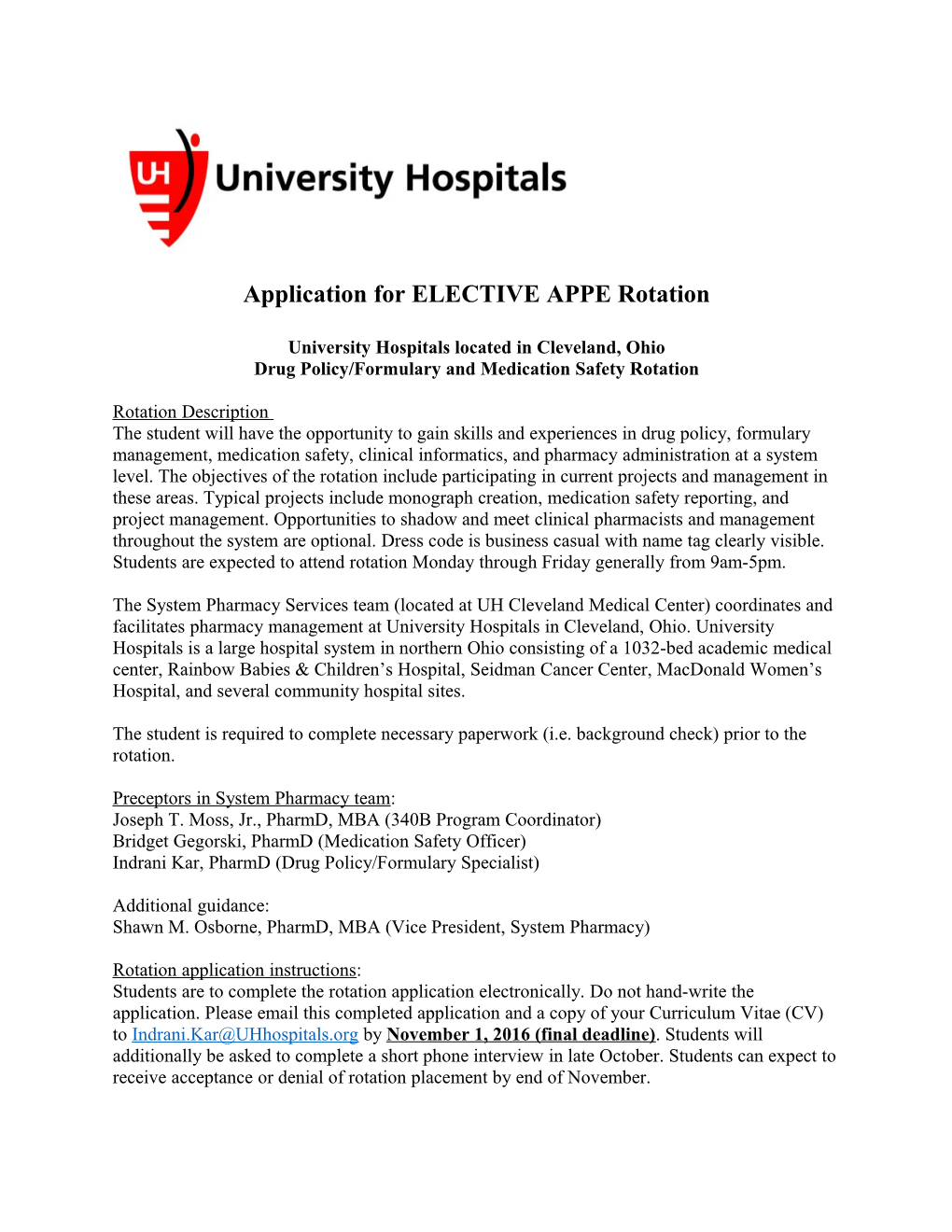 Application for ELECTIVE APPE Rotation