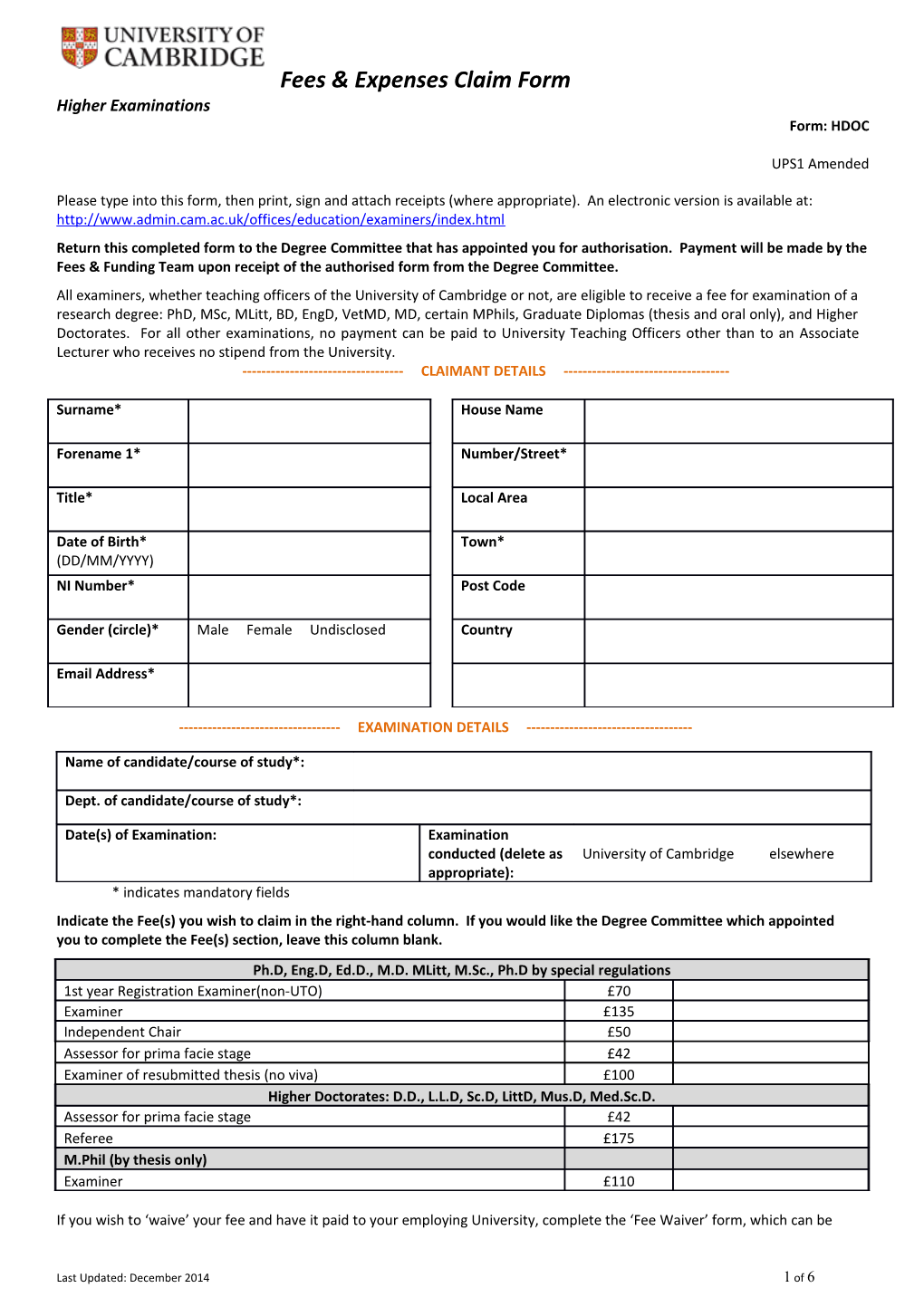 Fees and Expenses Claim Form