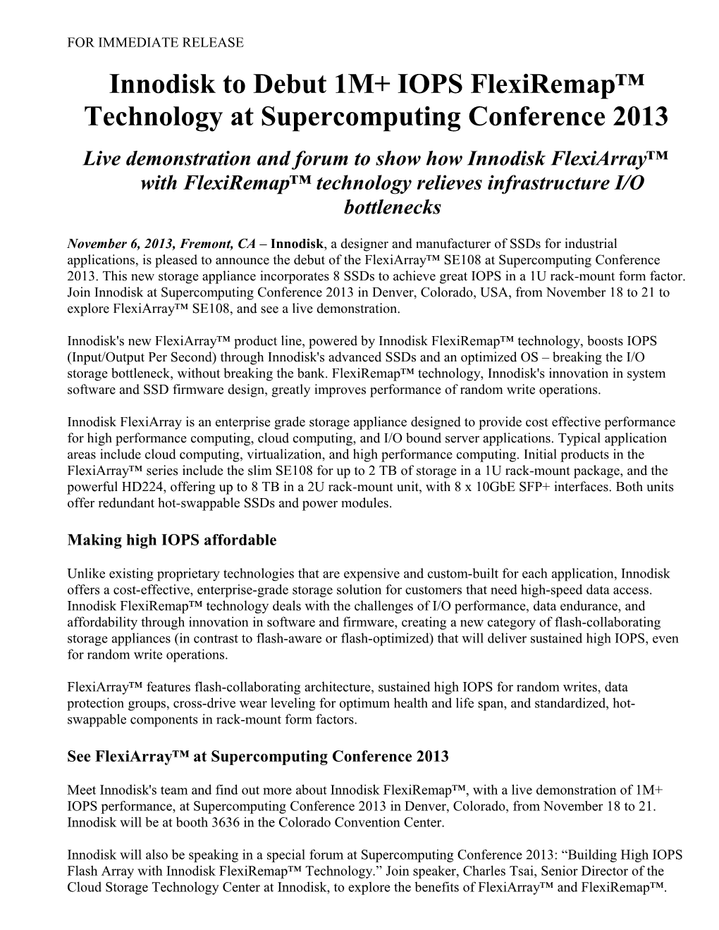 Innodisk to Debut 1M+ IOPS Flexiremap Technology at Supercomputing Conference 2013