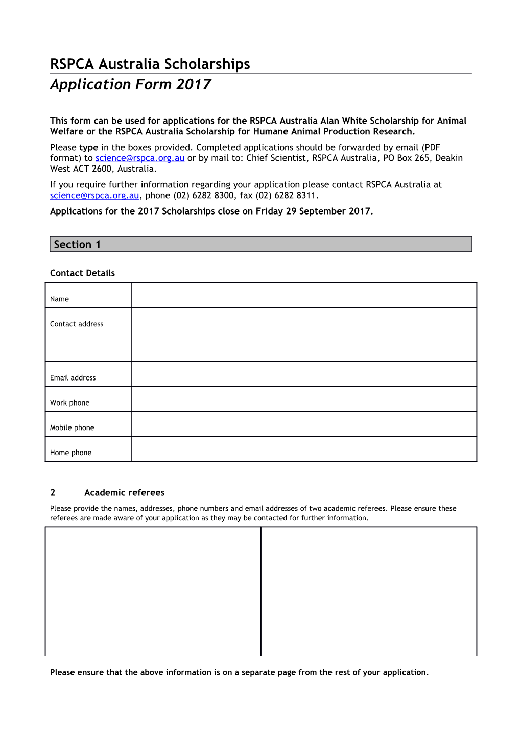 RSPCA Australia Scholarship Application Form