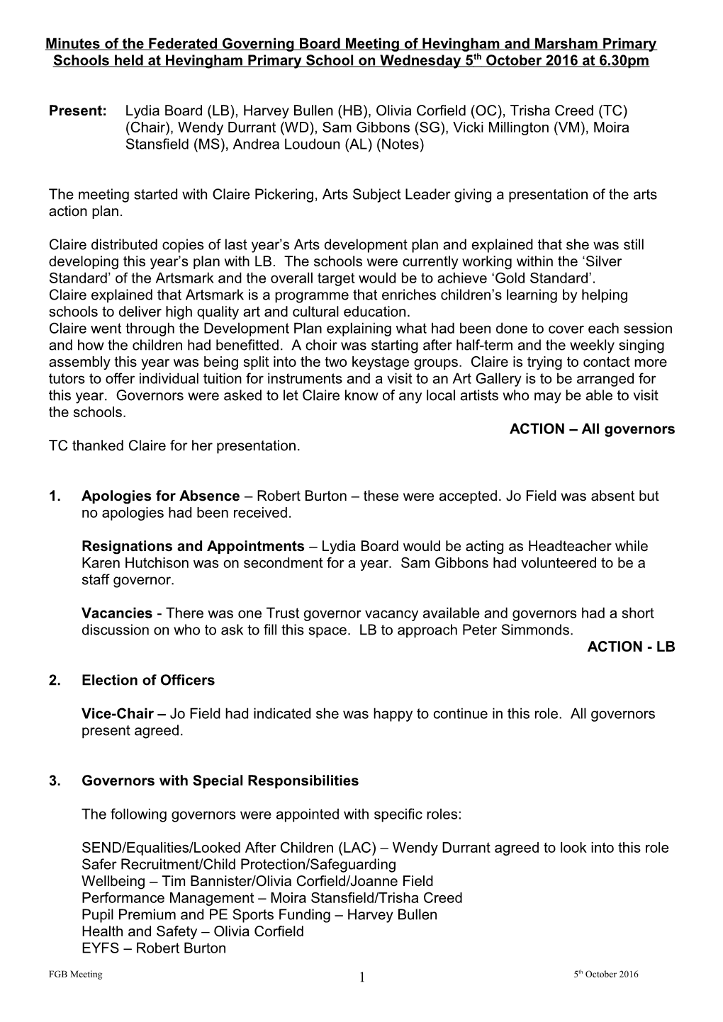 Minutes of the Governors Meeting of Marsham and Hevingham Schools Held at Marsham School