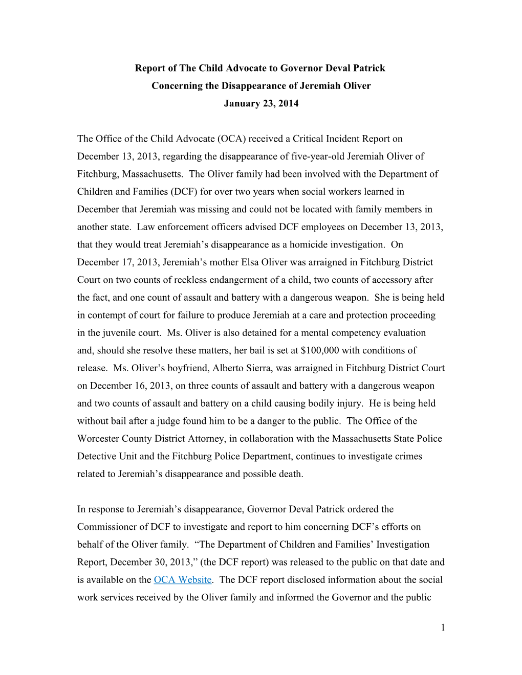 Report of the Child Advocate to Governor Deval Patrick