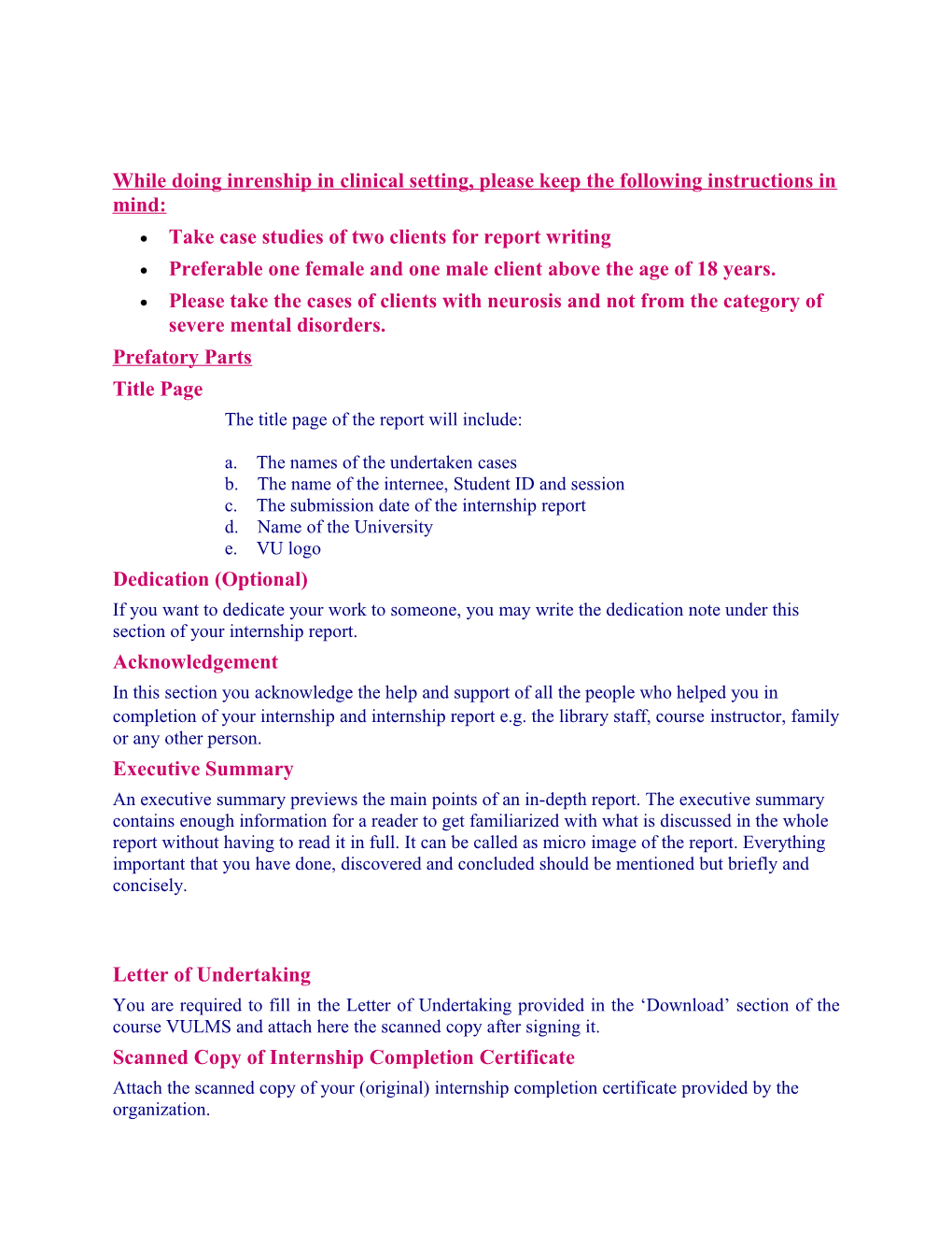 Format of Internship Report for Clinical Psychology