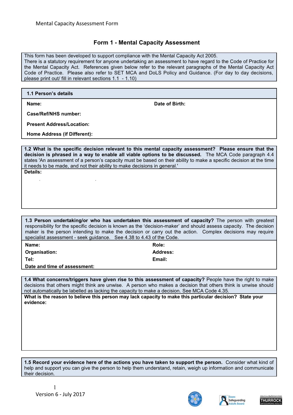 Form 1 - Mental Capacity Assessment