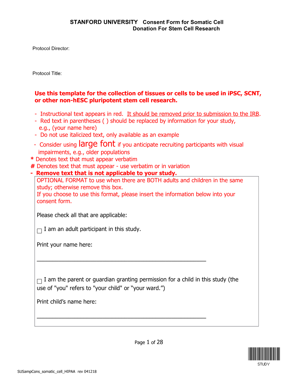 Instructional Text Appears in Red. It Should Be Removed Prior to Submission to the IRB