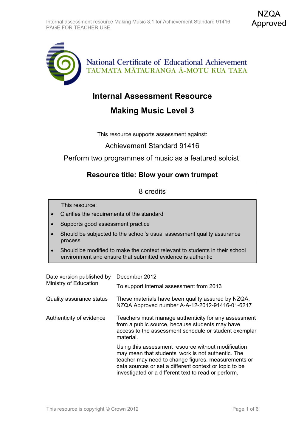 Level 3 Making Music Internal Assessment Resource