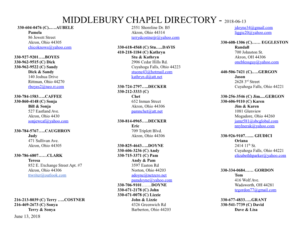 Middlebury Chapel Directory - 2016-07-27