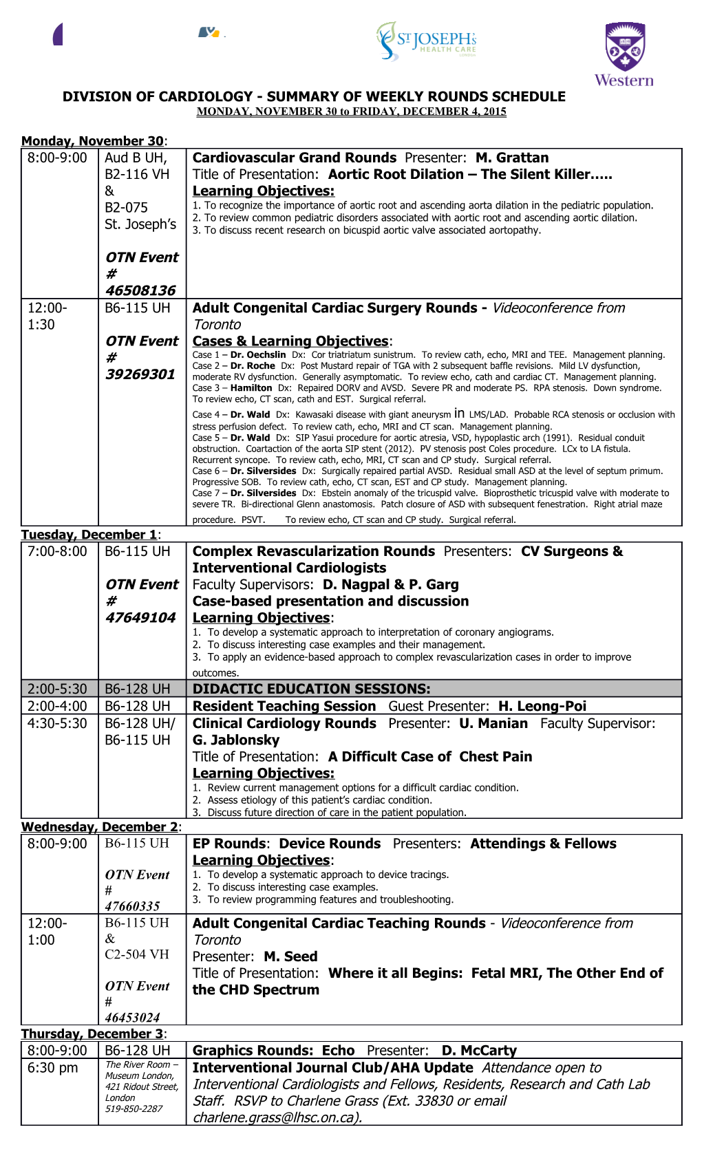 DIVISION of CARDIOLOGY - Summary of WEEKLY ROUNDS SCHEDULE s1