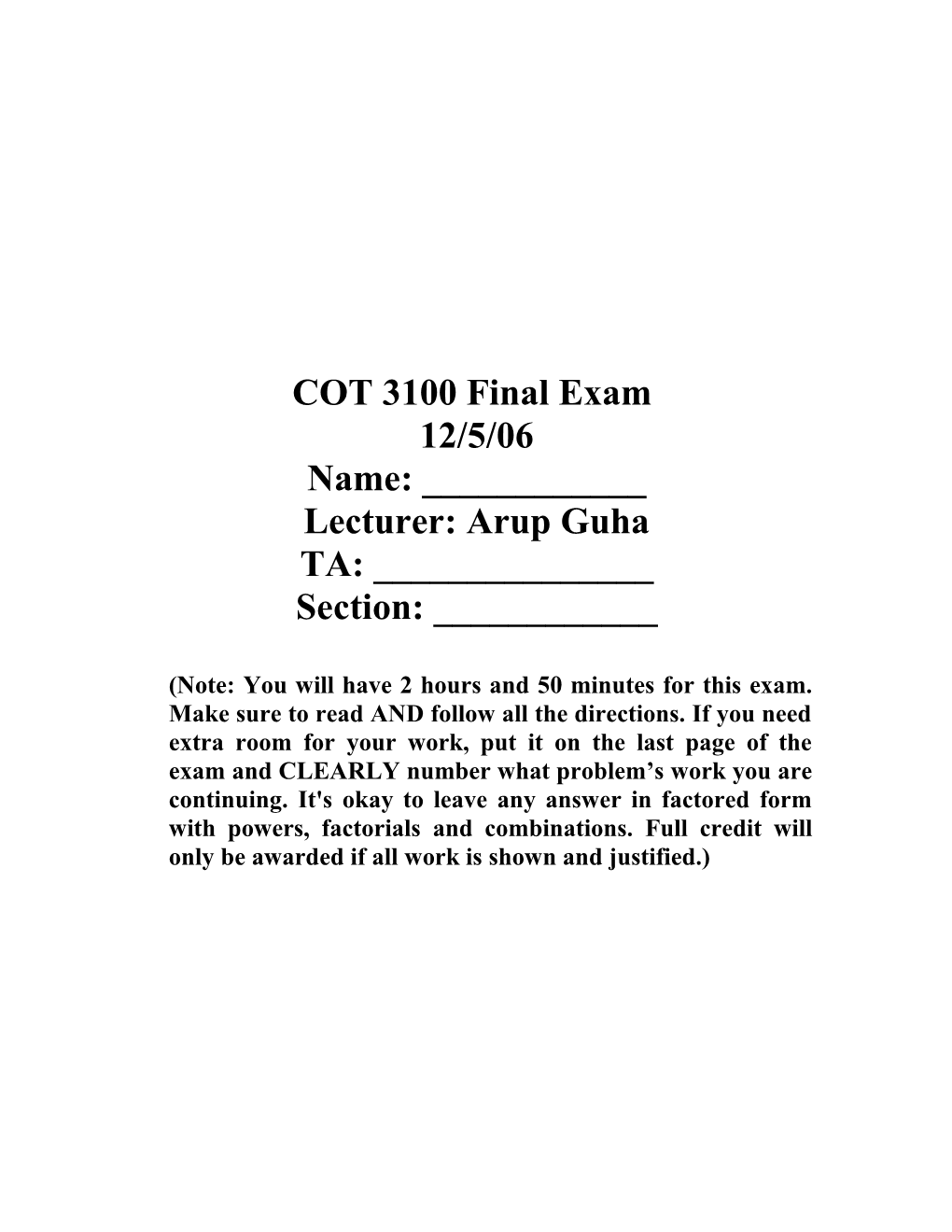 COT 3100 Final Exam