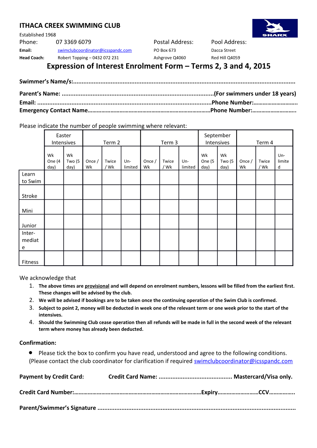 Ithaca Creek Swim Club Expression of Interest 2015