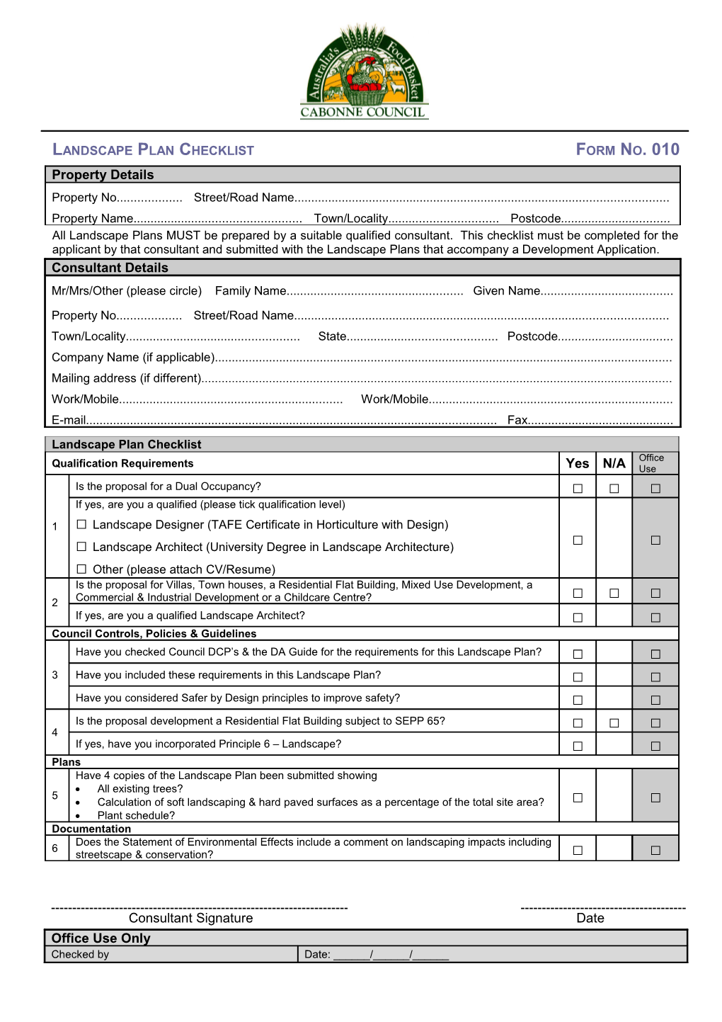 Landscape Plan Checklistform No. 010