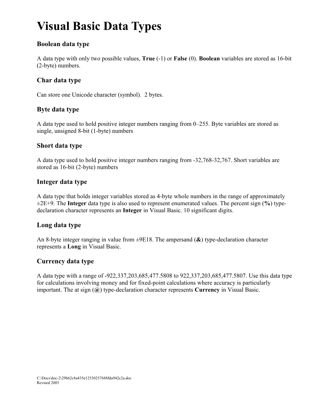 Visual Basic Data Types