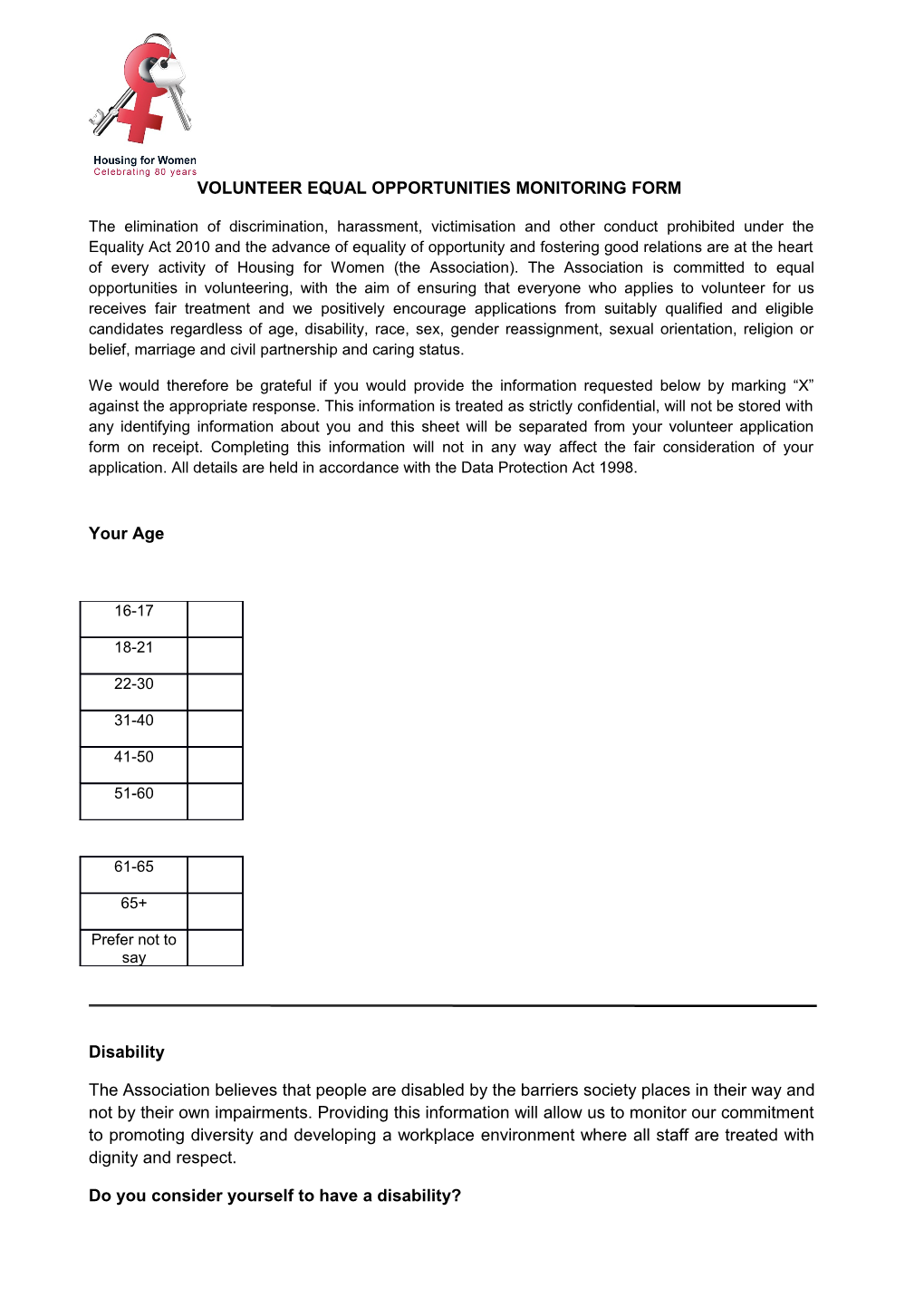 Volunteer Equal Opportunities Monitoring Form
