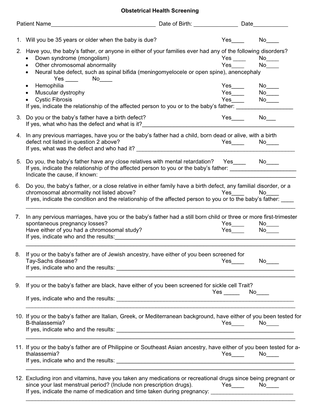 Obstetrical Health Screening