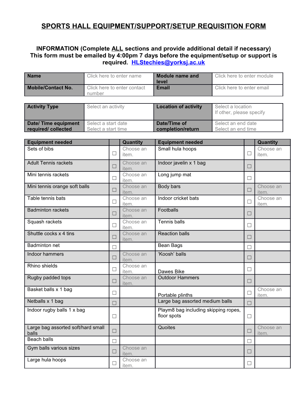 Sports Hall Equipment/Support/Setup Requisition Form
