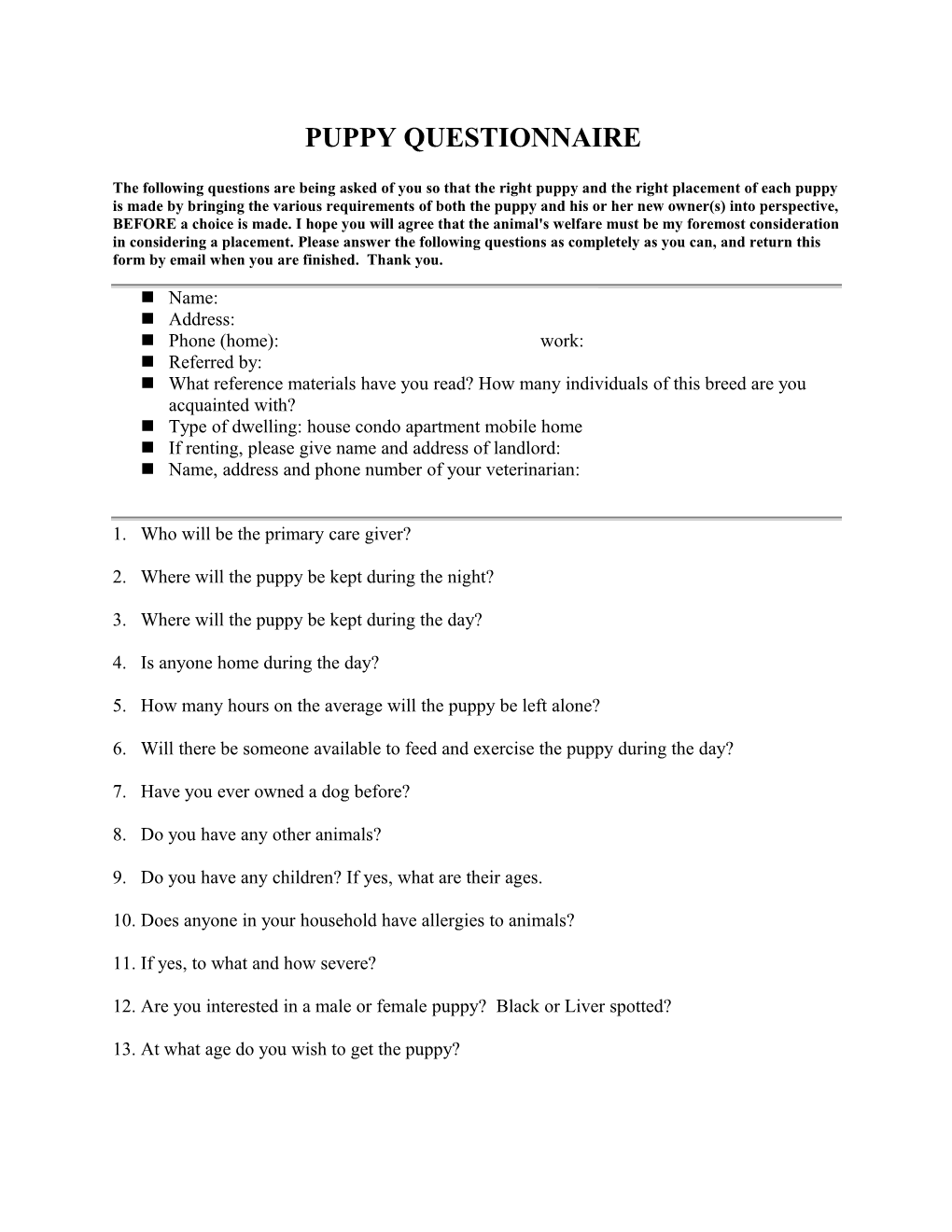 Sample Puppy Questionaire