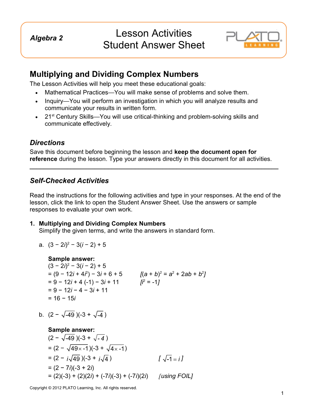 Multiplying and Dividing Complex Numbers