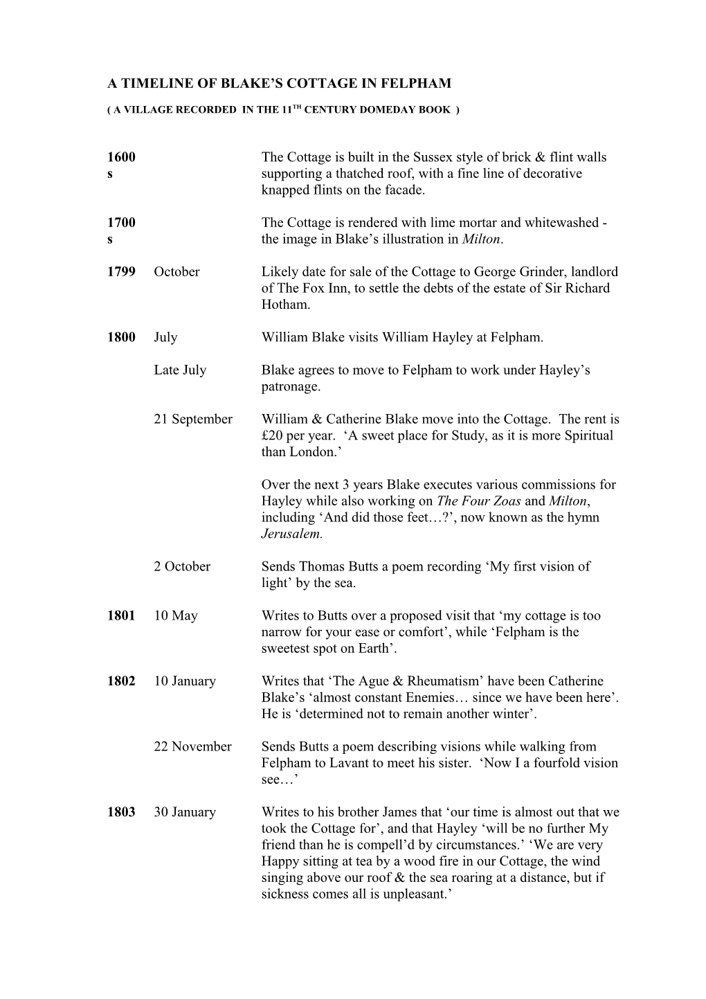 A Timeline of Blake S Cottage in Felpham