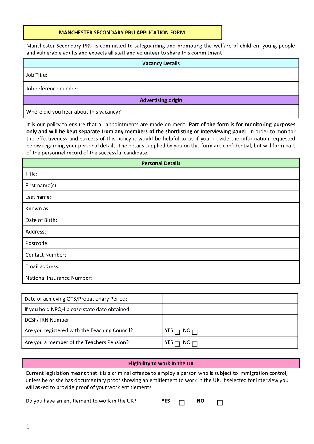 Manchester Secondary Pru Application Form