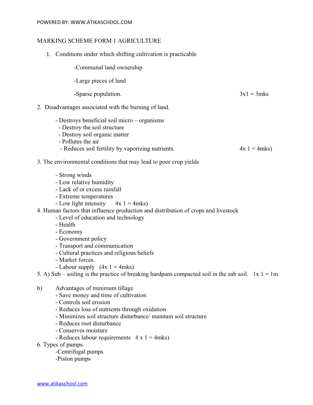 Marking Scheme Form 1 Agriculture