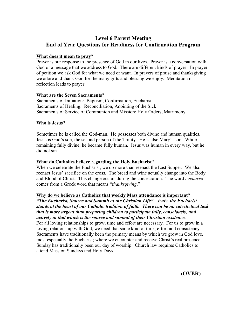 End of Year Questions for Readiness for Confirmation Program