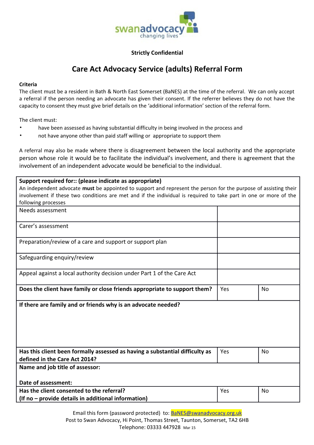 Care Act Advocacy Service (Adults) Referral Form