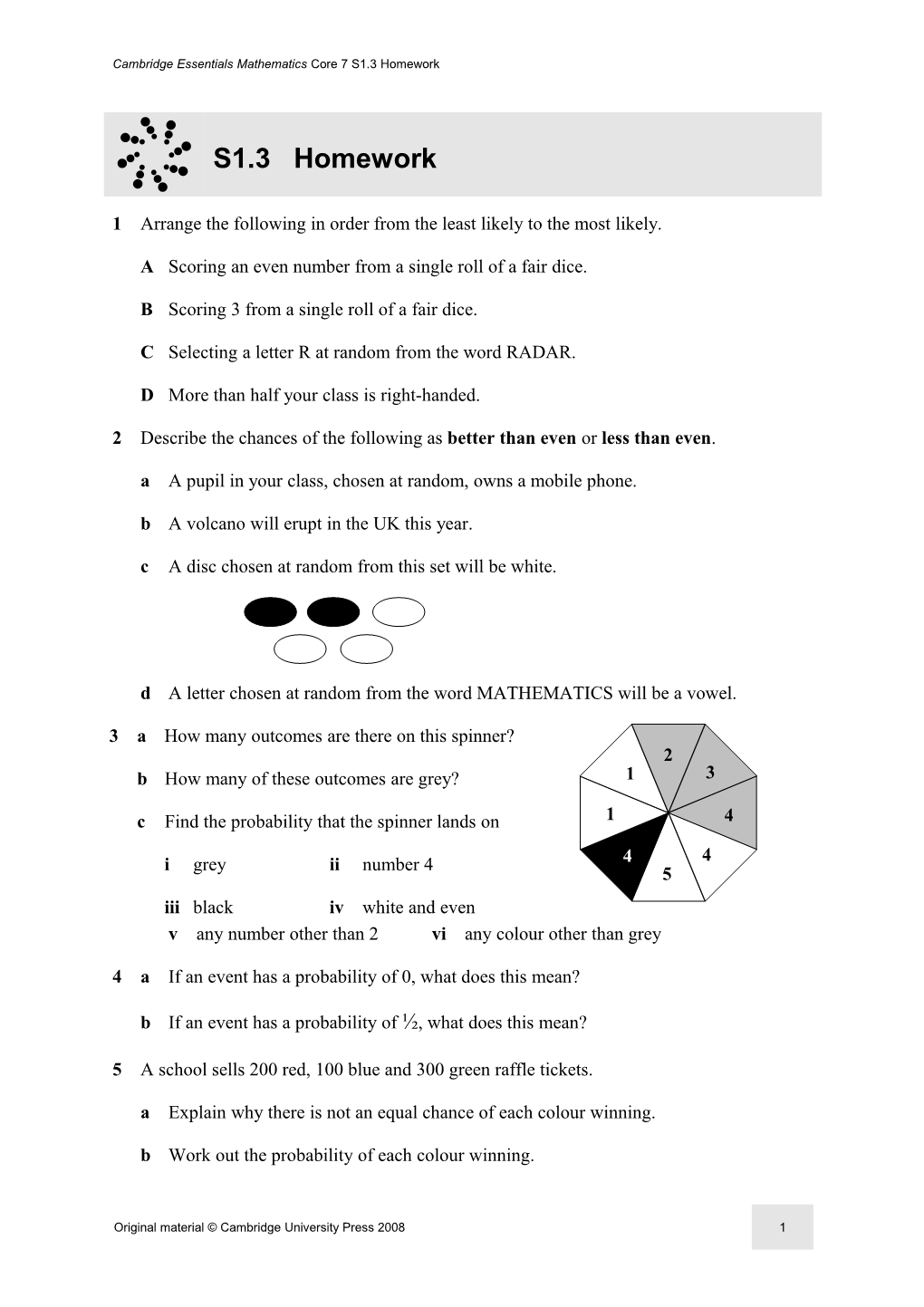 Cambridge Essentials Mathematics Core 7 S1.3 Homework