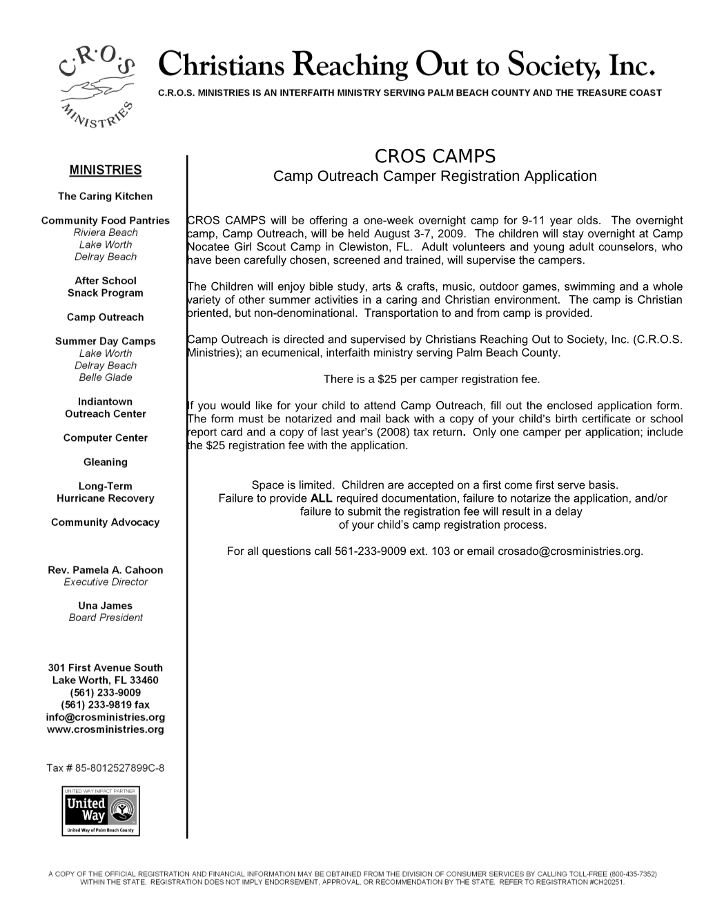 Camp Outreach Camper Registration Application