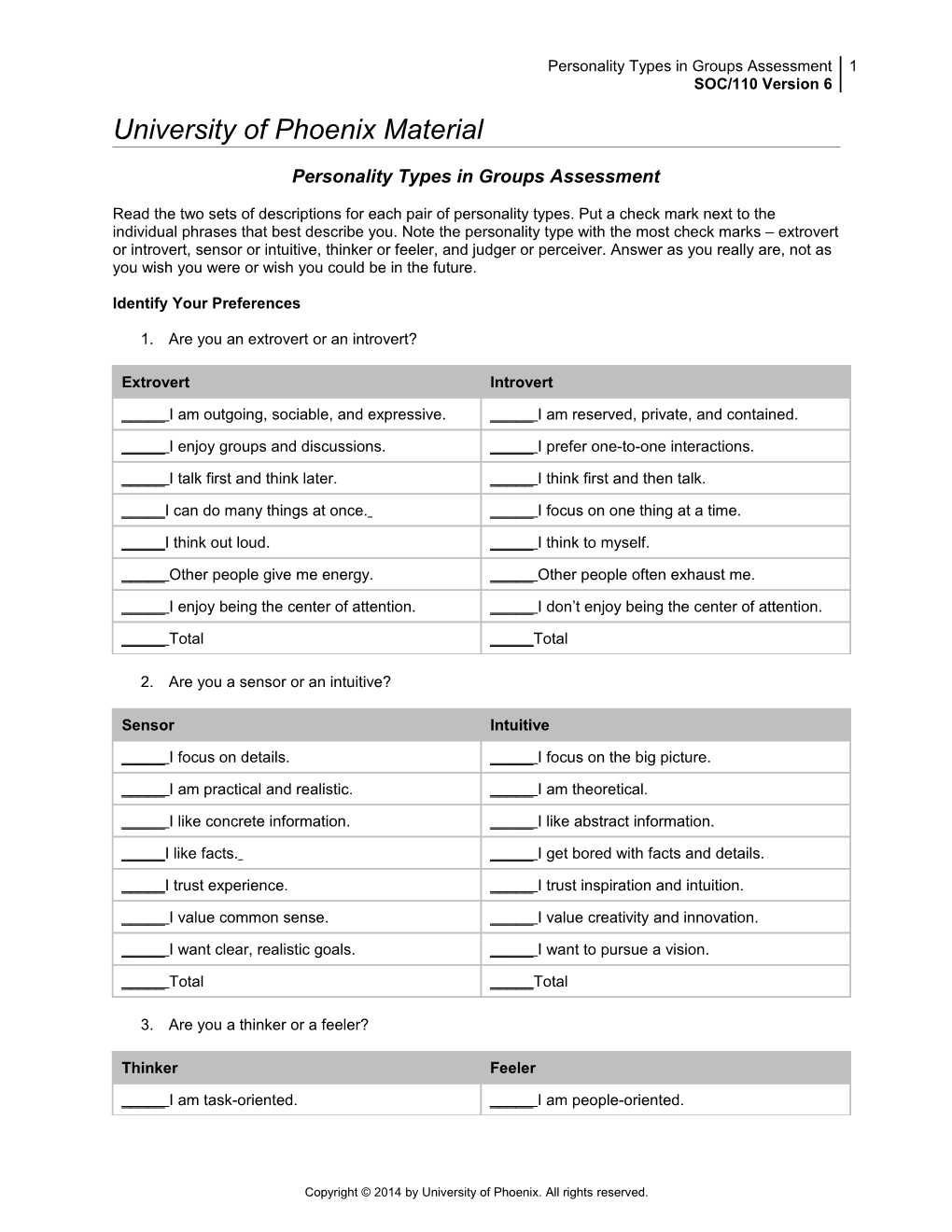 Personality Types in Groups Assessment