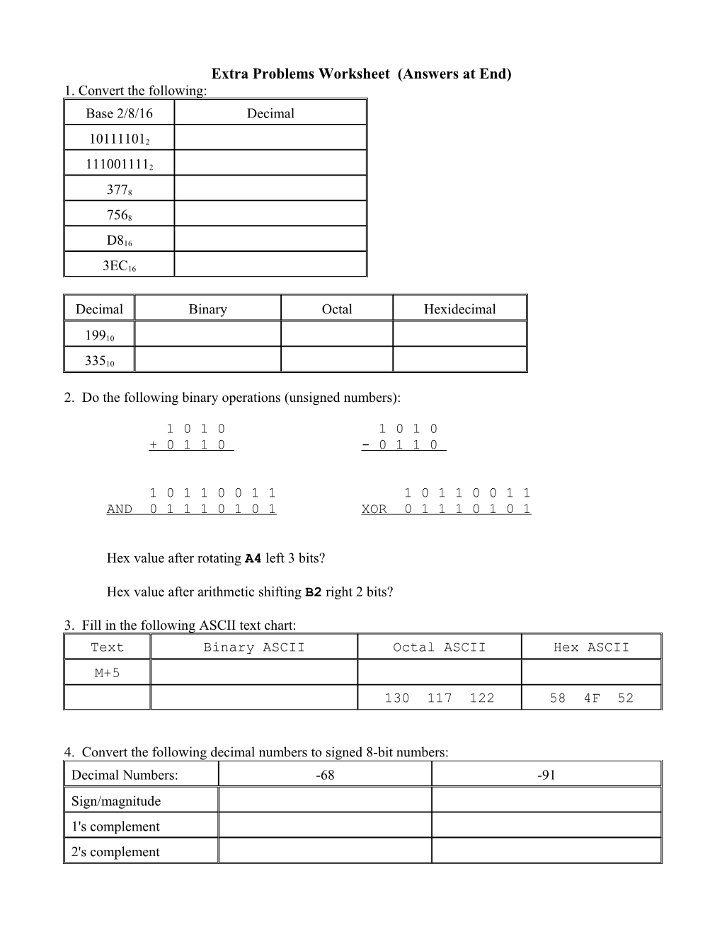 Extra Problems Worksheet (Answers at End)