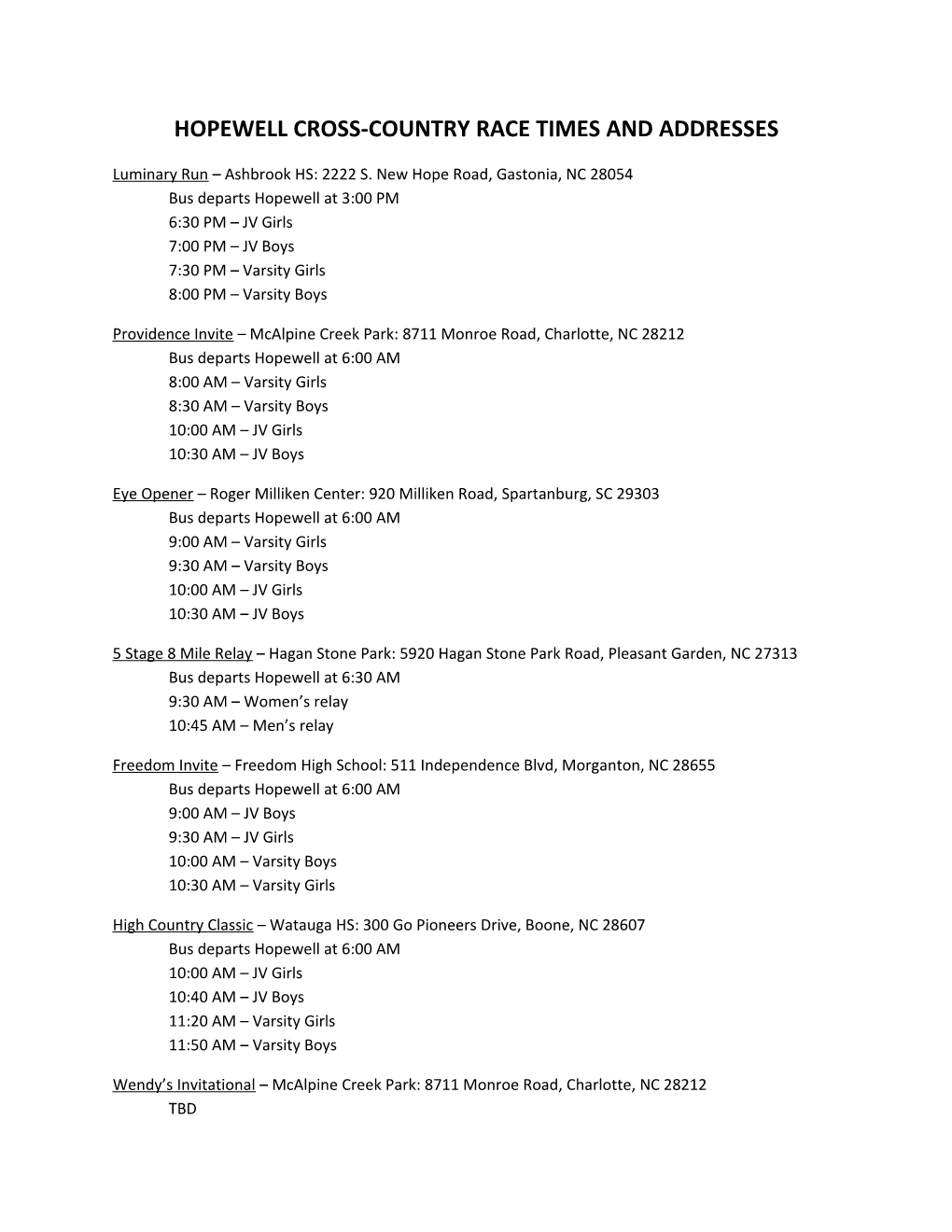 Hopewell Cross-Country Race Times and Addresses
