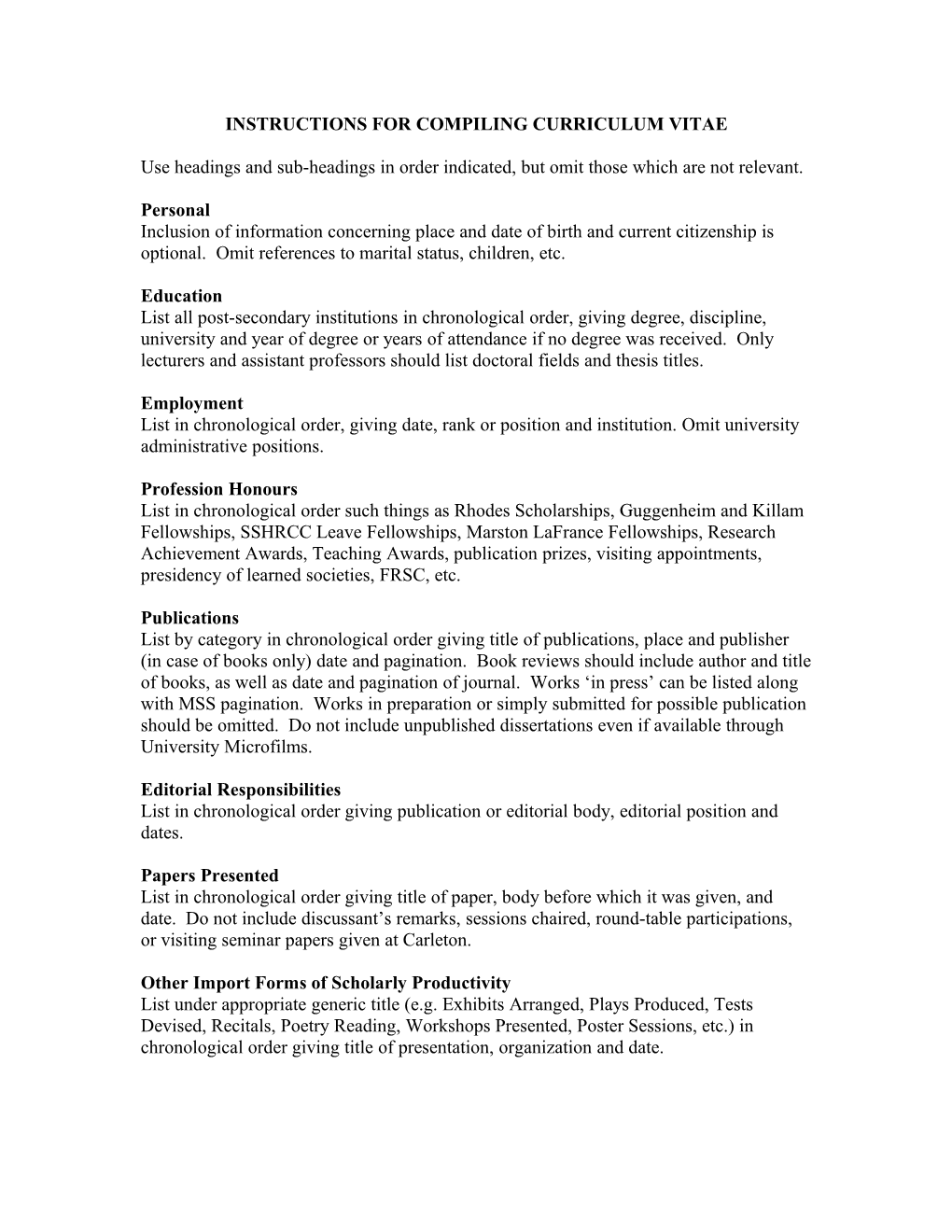Instructions for Compling Curriculum Vitae