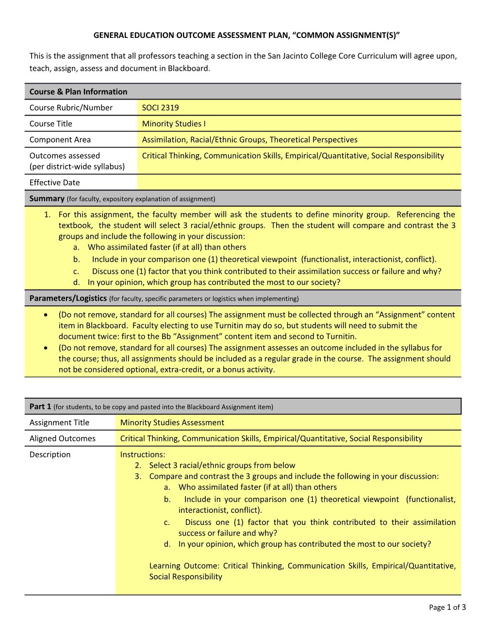 General Education Outcome Assessment Plan, Common Assignment(S)