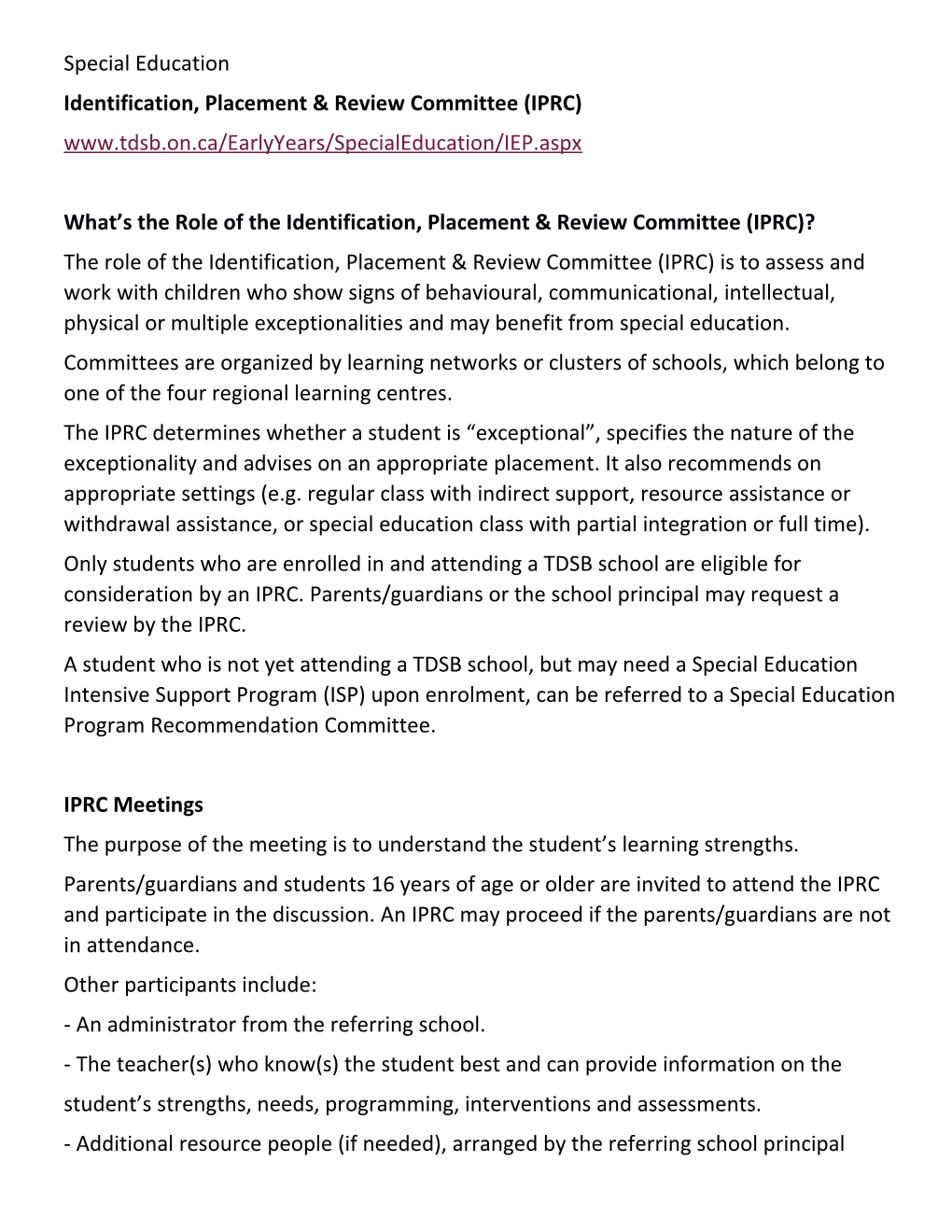 Identification, Placement & Review Committee (IPRC)