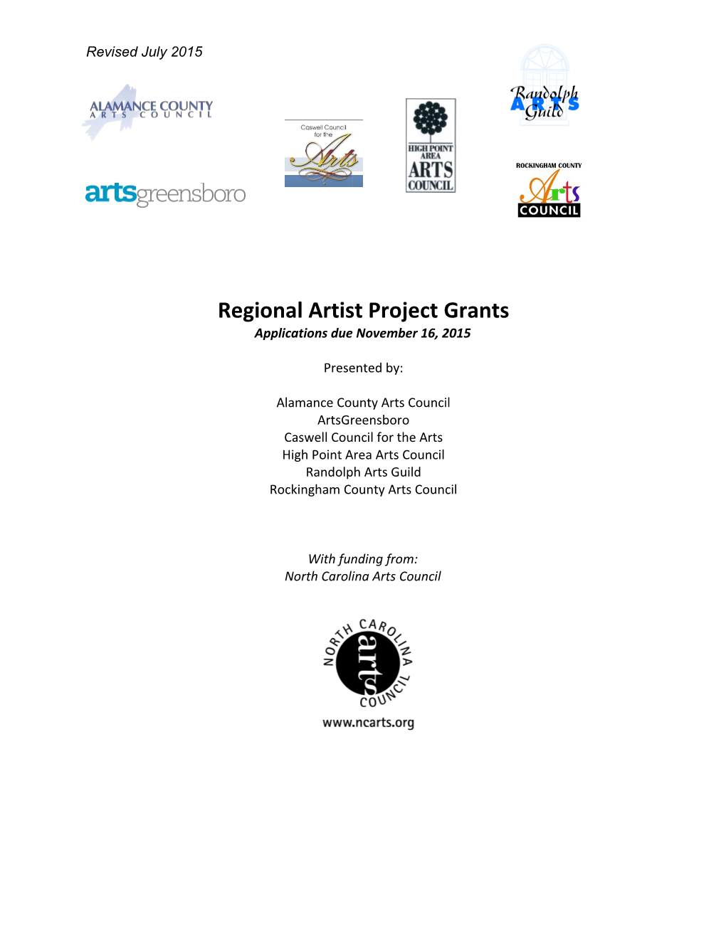 Regional Artist Project Grants Application Packet (Rev. 7/2015)