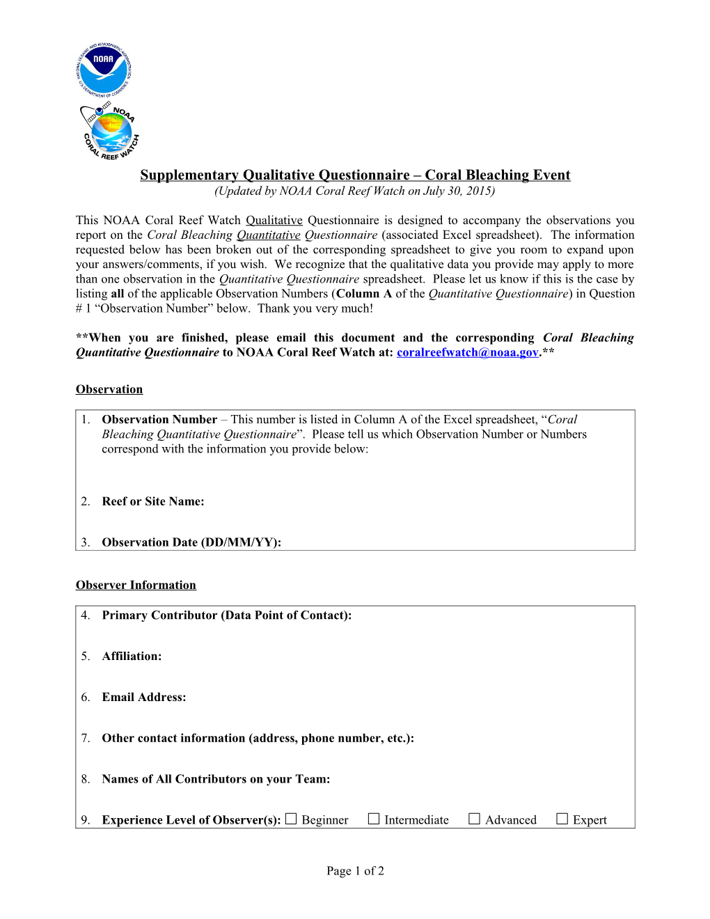 Supplementary Qualitative Questionnaire Coral Bleaching Event