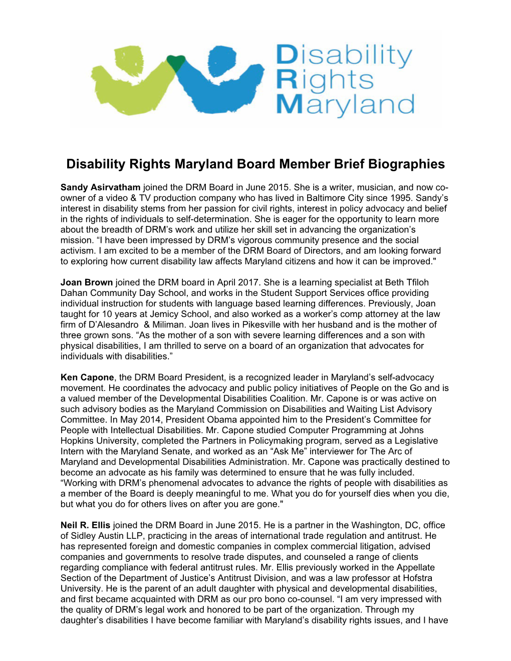 Disability Rights Maryland Board Member Brief Biographies