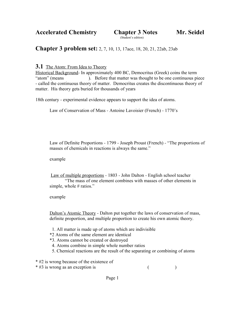 Accelerated Chemistry Chapter 3 Notes Mr. Seidel